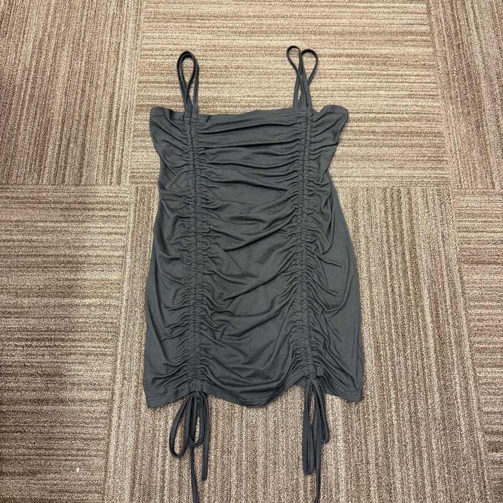 SHEIN Black Ruched Spaghetti Strap Mini Dress with Bow Tie Leg Detail